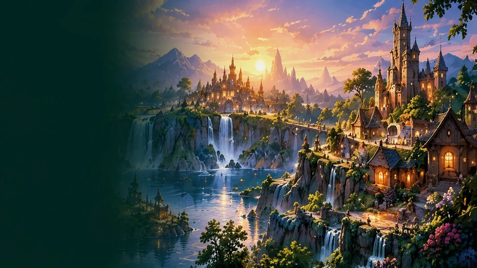 Magische Brücke über einen Fluss in einer Fantasylandschaft
