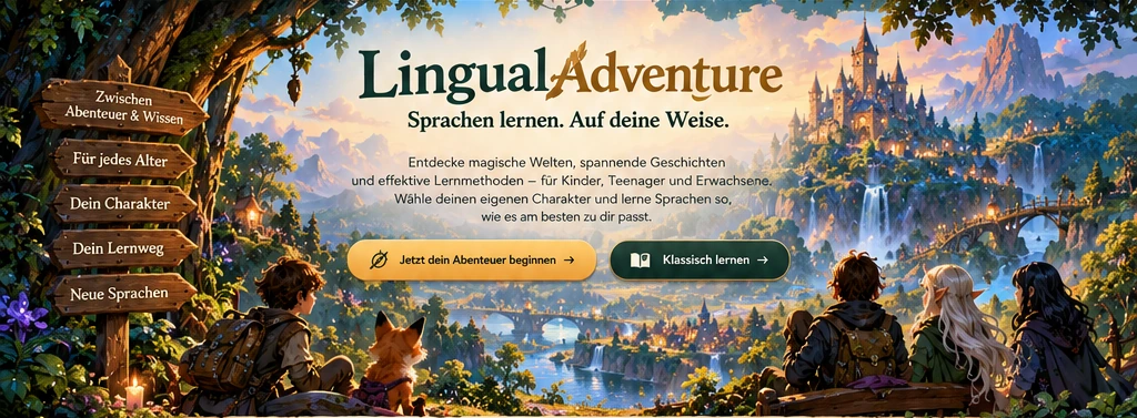 Magische Fantasylandschaft mit Schloss, Wegweiser und drei Abenteurern. LingualAdventure – Sprachen lernen. Auf deine Weise.